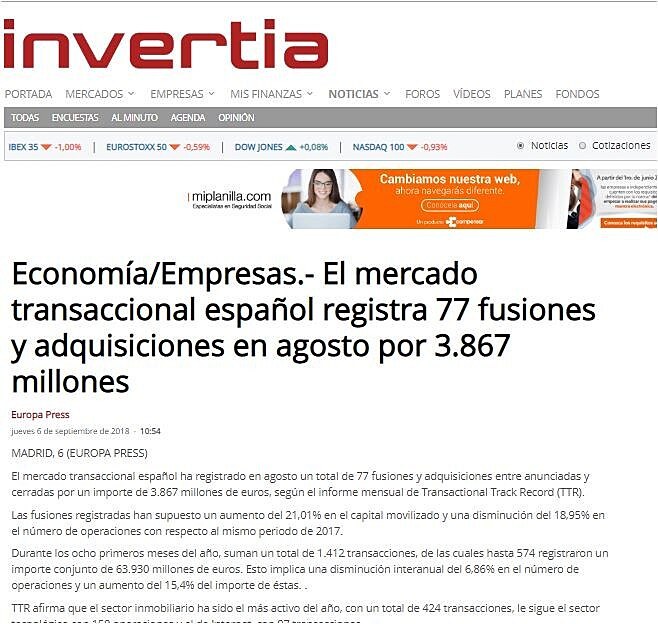 El mercado transaccional espaol registra 77 fusiones y adquisiciones en agosto por 3.867 millones